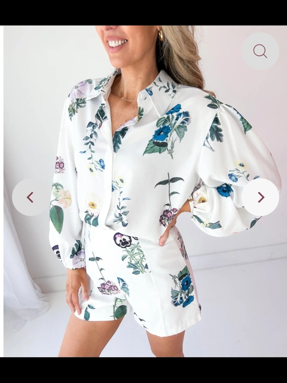 Boutique Floral White Button-Front Blouse and Shorts Set